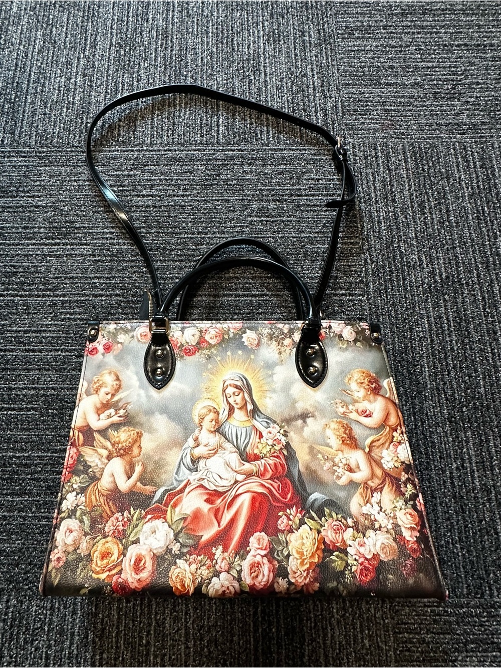 Floral Madonna Print Satchel in Multicolor with Black Trim